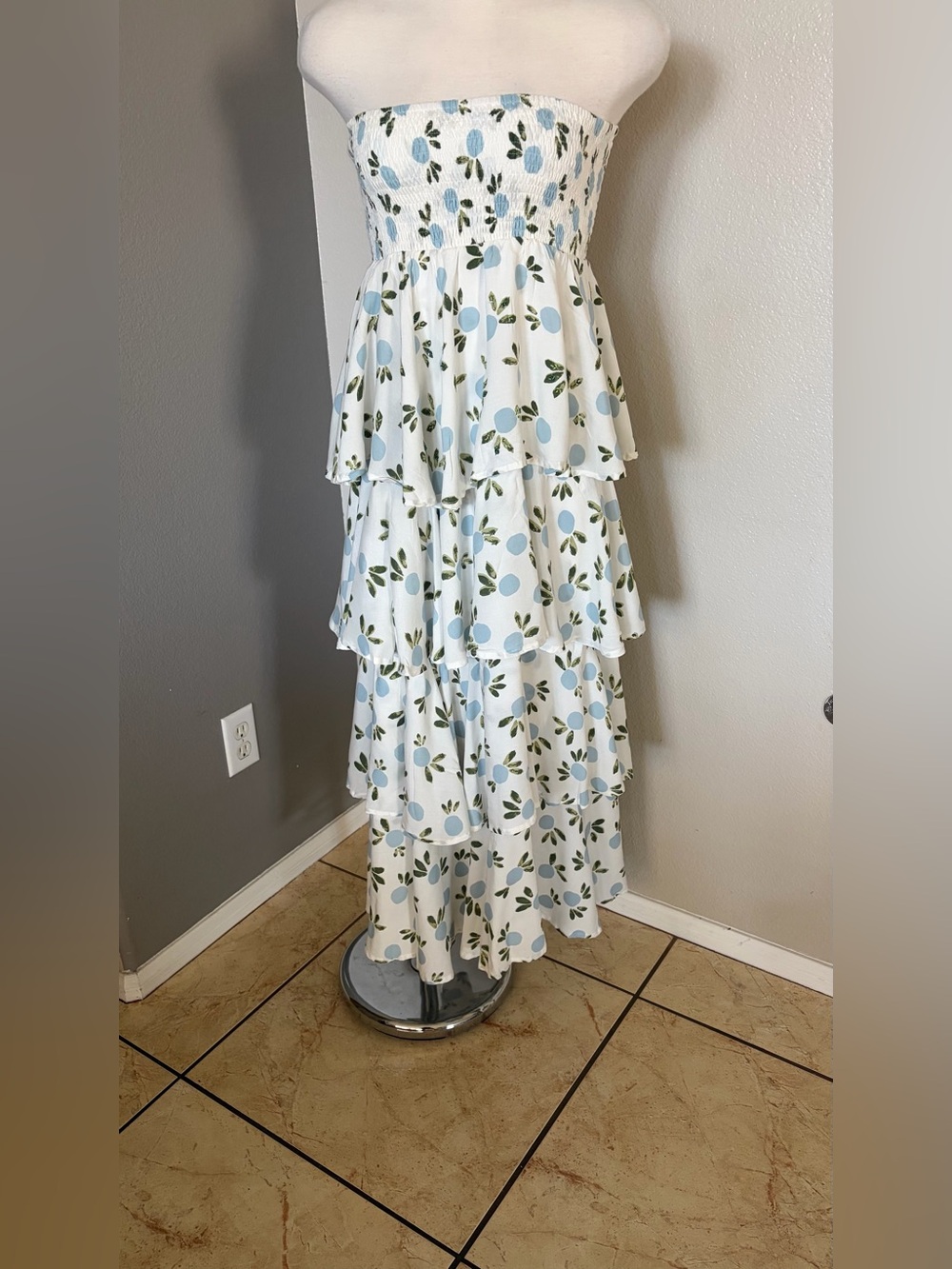 Skemo White Strapless Tiered Maxi Dress with Light Blue Floral Print